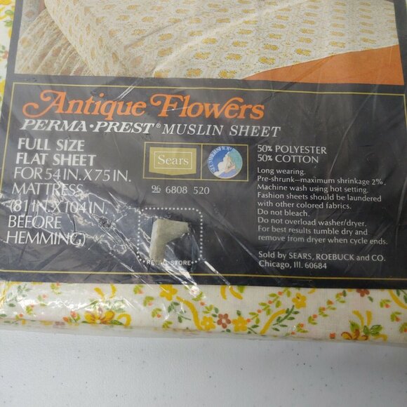 Sears Antique Flowers Sheet Set Full Flat Fitted Perma Prest Muslin Vintage NOS - Picture 8 of 10